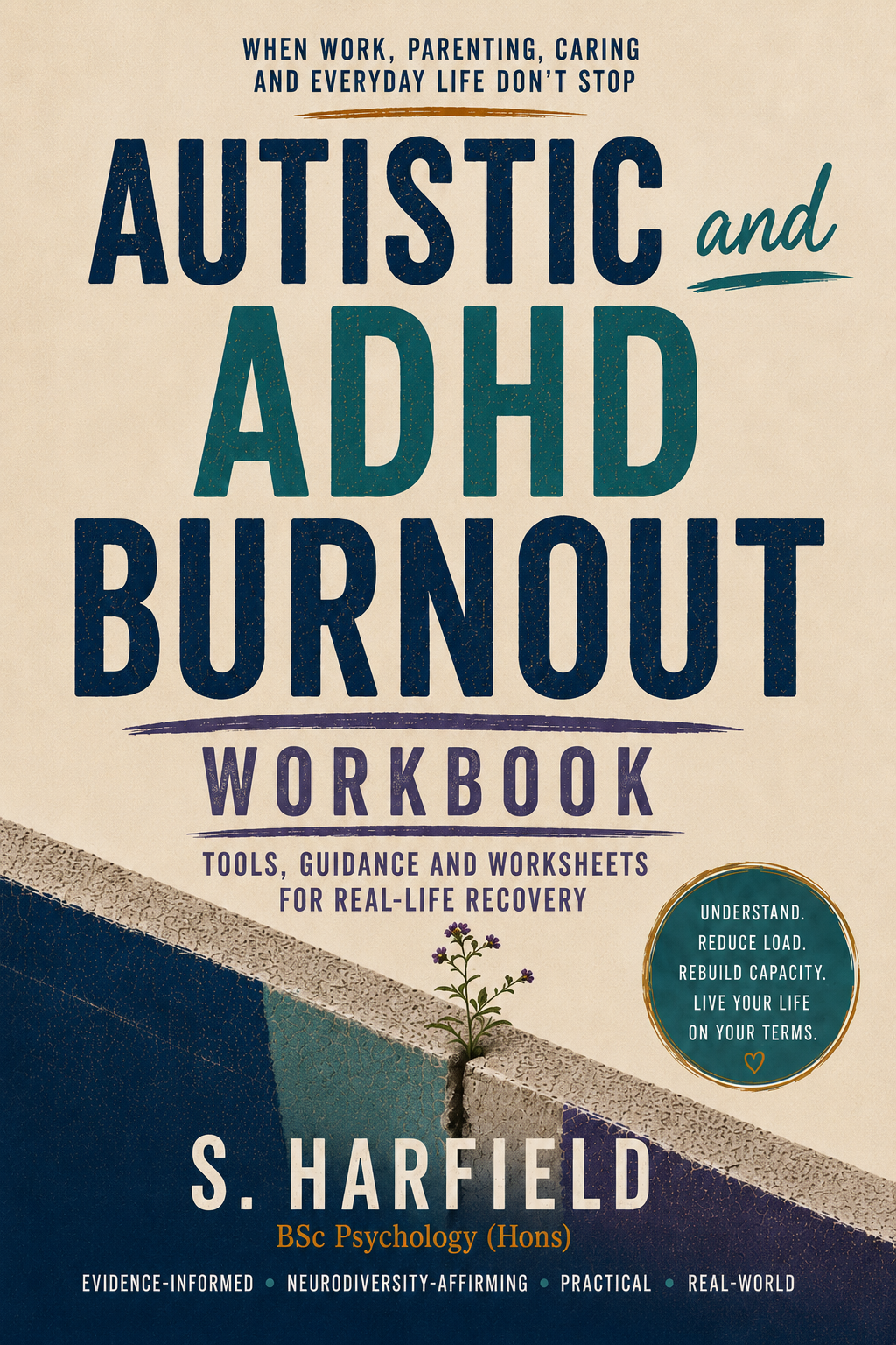 Cover of Autistic and ADHD Burnout Workbook, with navy and teal lettering and a flower growing through a wall.