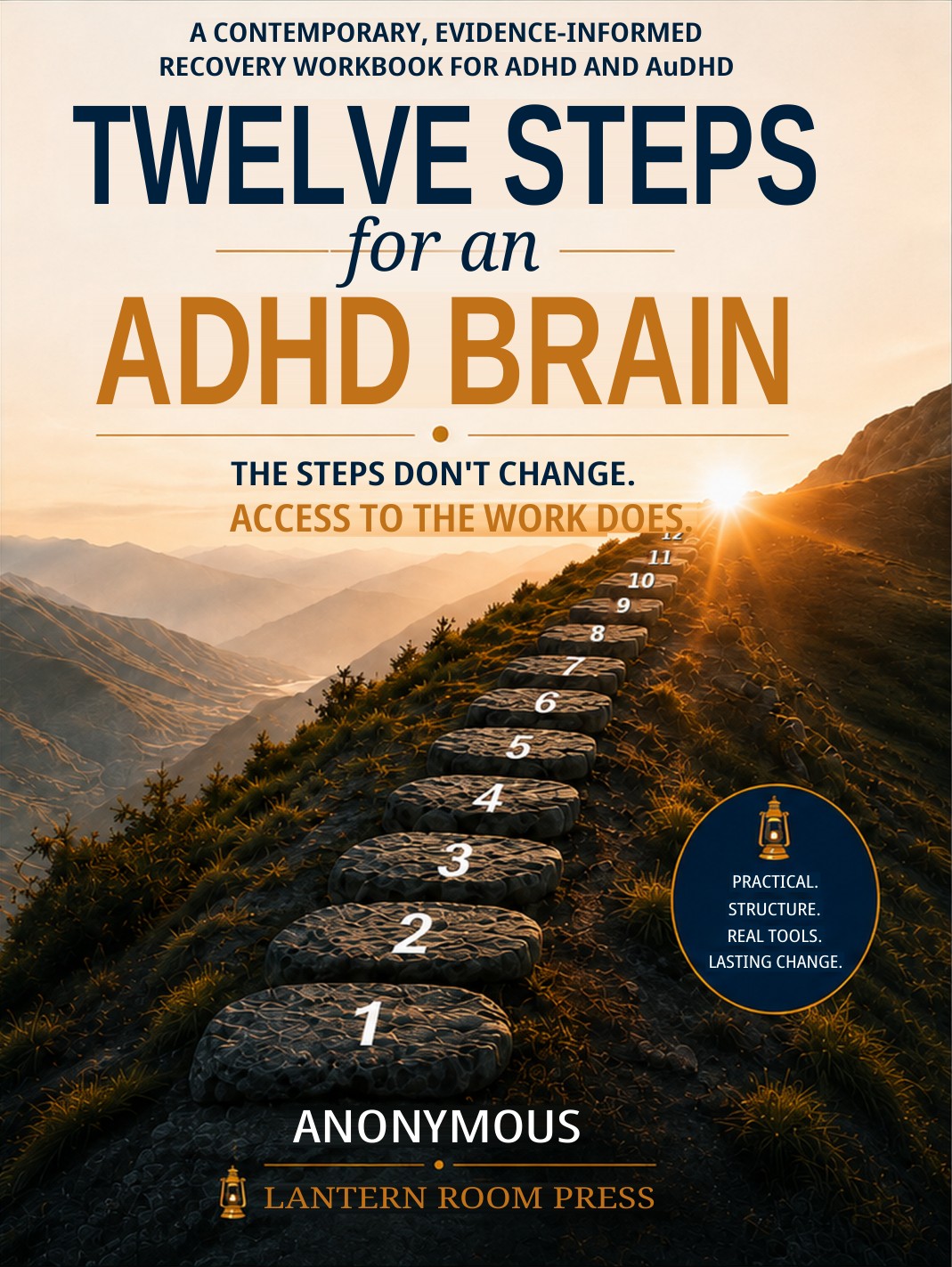 Working cover of Twelve Steps for an ADHD Brain, showing twelve stone steps rising towards a mountain sunrise.